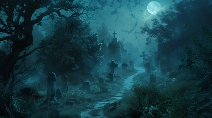 eerie misty graveyard path on a moonlit night with fogshrouded tombstones and a sense of foreboding dark fantasy digital painting