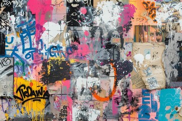 Fototapeta premium Mixed-Media Graffiti Collage with Stencils, Tags, and Vibrant Colors