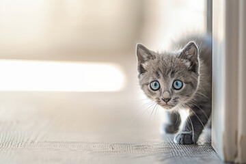 Adorable gray kitten with blue eyes on wooden floor in soft focus background, natural light shines...