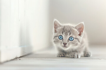 Cute kitten with blue eyes sitting on the floor, looking curious, surrounded by soft light