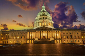  US Capitol building at sunset, Washington DC, USA.