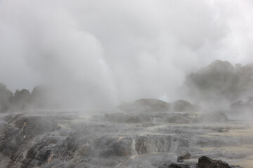 New Zealand Rotorua view of the volcanic area on a cloudy autumn day
