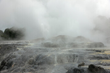 New Zealand Rotorua view of the volcanic area on a cloudy autumn day