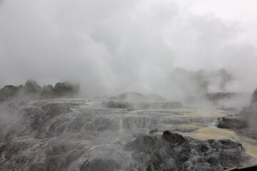 New Zealand Rotorua view of the volcanic area on a cloudy autumn day