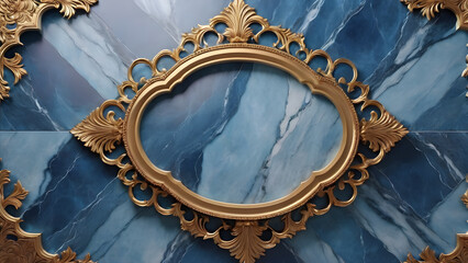 a gold frame with a blue and white marble background.