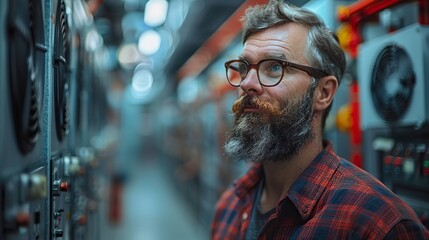 engineer under checking the industry cooling tower air conditioner is water cooling tower air chiller hvac of large industrial building to control air system with.stock image
