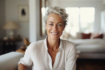 Fototapeta premium Portrait of a happy woman in her 50s smiling at the camera in crisp minimalistic living room