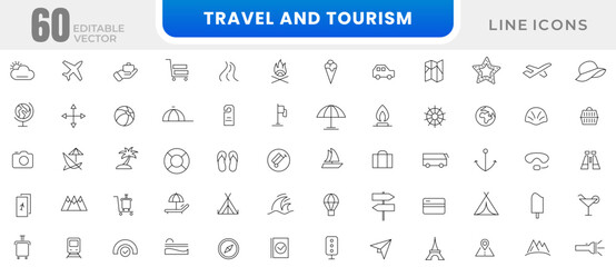 Travel and tourism line icon set. Airplane, trip, beach, passport, summer vacations, luggage, camping, hotel, entertainment simple icon collection. Outline icon collection. Thin outline icons pack.