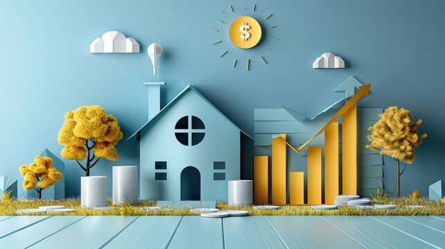 A symbolic representation of financial growth, featuring a house, yellow trees, coins, and rising bar graphs under a dollar sign sun in a paper-cut landscape