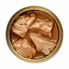 Overhead view of an open can showing chunks of tuna fish preserved in oil, set against a clean white background..
