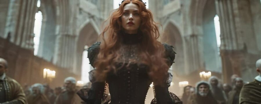 High quality anamorphic 4K AI-generated dramatic shot of redhead woman in dynamic stance amidst crowd in gothic cathedral. Hyperrealistic scene with perfect architectural lighting and atmosphere