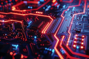 Obraz premium Closeup of a vibrant circuit board with red and blue neon lights, depicting advanced electronics and information technology