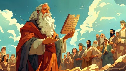 Fototapeta premium Witness a vibrant cartoon representation as Moses descends from Mount Sinai, carrying the stone tablets of the Ten Commandments, exuding authority and wisdom in a dynamic and powerful scene