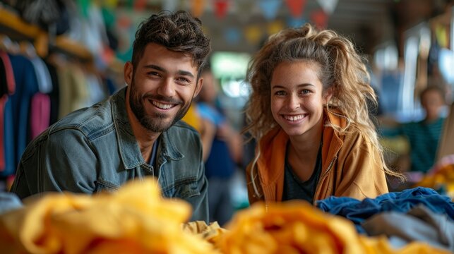community clothing swap, enthusiastic volunteers assist a young couple happily sorting through eco-friendly recycled plastic clothes at a community swap event, with colorful banners in the venue