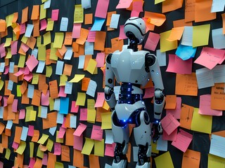 AI-Generated image of A robot is standing in front of a wall covered in colorful sticky notes. The robot is surrounded by a variety of notes - Powered by Adobe