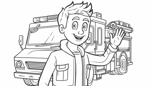 Simple line drawing of an adult man with short hair in casual clothes waving goodbye to the viewer with a fire truck driving behind him, thick lines 
