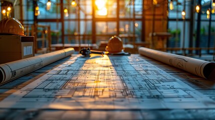 architect concept and architectural project desk in construction site or office building with mining light.image illustration