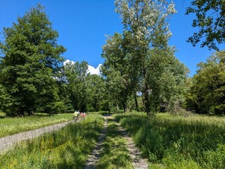 View of Via Rhona with distant cyclists, beautiful spring day with blue sky and lush nature, Belley, France 