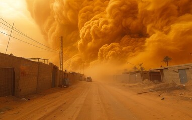 Intense sandstorm rapidly advancing through a residential area, overwhelming structures with a powerful surge of sand.
