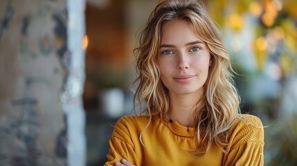 Naklejka premium confident young woman standing with her arms crossed on yellow background.image illustration