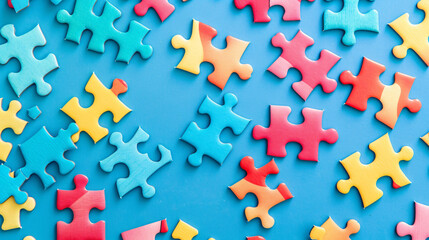 Brightly colored jigsaw puzzle pieces scattered