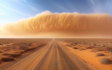Fototapeta premium Towering wall of sand engulfs the horizon on a remote desert road, signaling an imminent sandstorm under a clear sky.