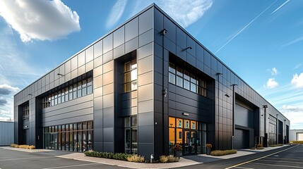 aluminium panels in a grey colour featuring windows and doors on an industrial structure.stock photo