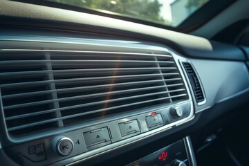 Close-up view of a car's ac vent and control buttons with a dashboard background