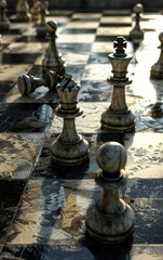 Fototapeta premium Artistic depiction of a chessboard with pieces strategically positioned for victory, symbolizing strategic planning and success