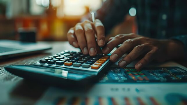 businessman using a calculator at his desk to compute figures is utilising the notion of financial accounting.stock image