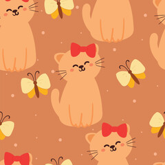 seamless pattern cartoon cat with butterfly. cute animal wallpaper illustration for gift wrap paper