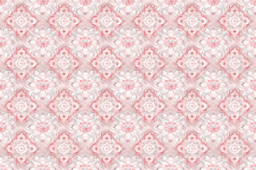 Soft pink geometric floral pattern with intricate details, creating an elegant and seamless design for sophisticated decoration. Ideal for textiles and backgrounds.