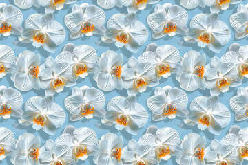 Elegant orchid pattern with white flowers and orange accents on a soft blue background, creating a refined and seamless design for decoration. Ideal for textiles and backgrounds.