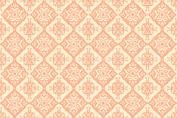 Elegant floral tile pattern with intricate peach designs on a beige background, creating a sophisticated and seamless design for decoration. Ideal for textiles and backgrounds.