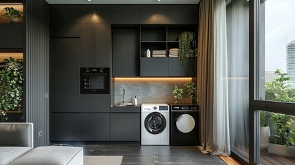 Modern minimalist style, interior design, large space, dark gray balcony cabinet, gray matte floor, black washing machine and dryer embedded in the cabinet layer by layer. Generative AI.