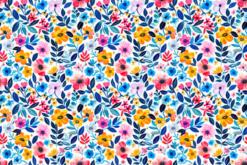 Colorful floral pattern with vibrant flowers and leaves, creating a lively seamless design suitable for various decorative purposes. Ideal for textiles, backgrounds, and crafts.