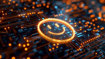 Fototapeta premium Illustration of a happiness icon with life text on an electronic mainboard background with AI symbol, symbolizing AI in enhancing happiness