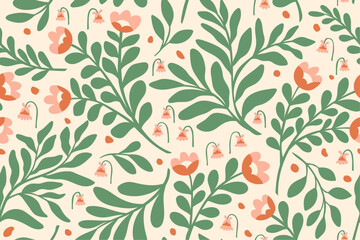Cute floral vector seamless pattern. Delicate background with hand-drawn flowers and leaves. Colorful botanical illustration with abstract elements.