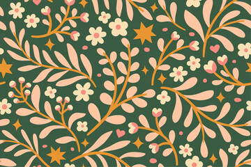 Cute seamless pattern with flowers and abstract botanical elements. Vector hand drawn floral background for textile, fabric, print or wallpaper.