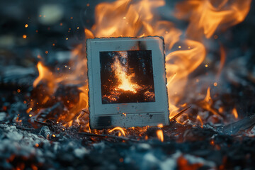 Polaroid picture burning in a fire, captured in close-up