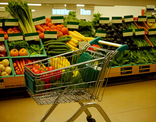 Exploring the Supermarket: Shopping Cart Packed with Vegetables in the Produce Aisle