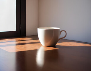 Minimalist Coastal View: A Potted Plant on a Wooden Table with Ocean Scenery Through the Window