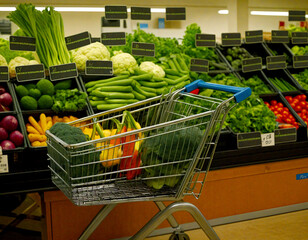 Vegetable Aisle at the Supermarket: A Cart Loaded with Fresh Greens