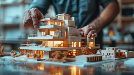 team architect engineer and building model in real estate meeting employees in a cooperation project plan for architecture working on a model or blueprint.image illustration