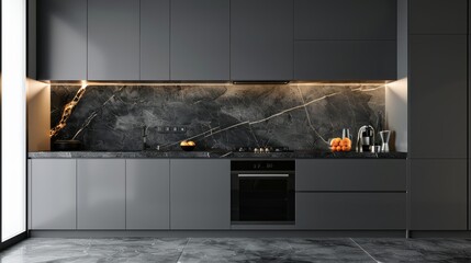 Modern kitchen interior design, gray cabinet cabinets with black countertop and marble backsplash wall in minimalist style. Generative AI.