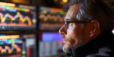 Man monitors financial market on screens with stock and bond quotes. Concept Financial Market Analysis, Stock and Bond Quotes, Investment Monitoring, Market Data Screens, Trading Strategies