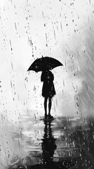 Illustration of a person standing under an umbrella in the rain, with a white background emphasizing their emotional vulnerability