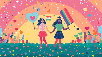Embracing Love and Equality - Vibrant Vector Poster of Lesbian Couple at Pride Parade