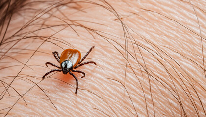 Crawling deer tick on human hairy skin background. Ixodes ricinus or scapularis. Dangerous parasitic mite on blurry pink