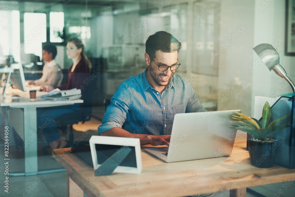 Poster business, man and smile in office with laptop in company with entrepreneur in small creative startup